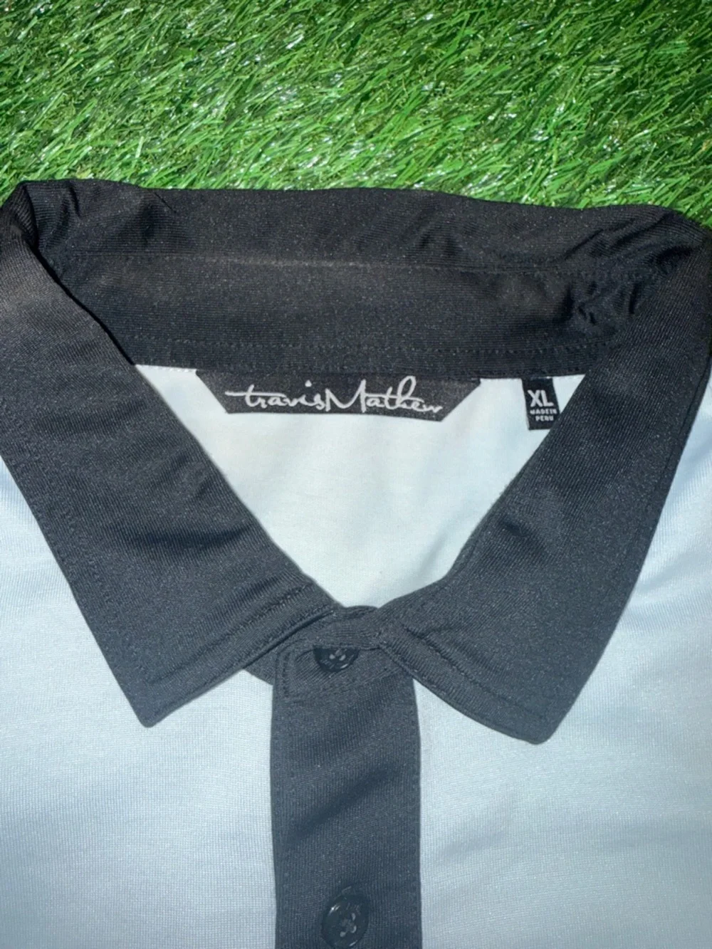 Travis Mathew Men's White Polo Shirt with Black Collar Size XL